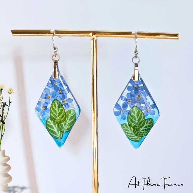  Boucles d'oreilles la feuille de fittonia et myosotis 