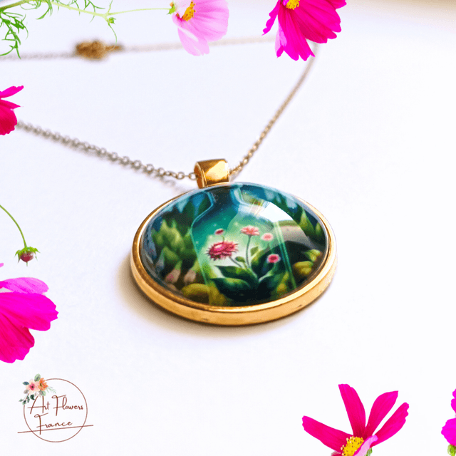 Collier illustré - Petite bouteille avec des fleurs