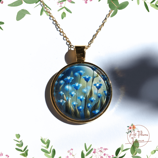 Collier illustré - Petites fleurs bleues